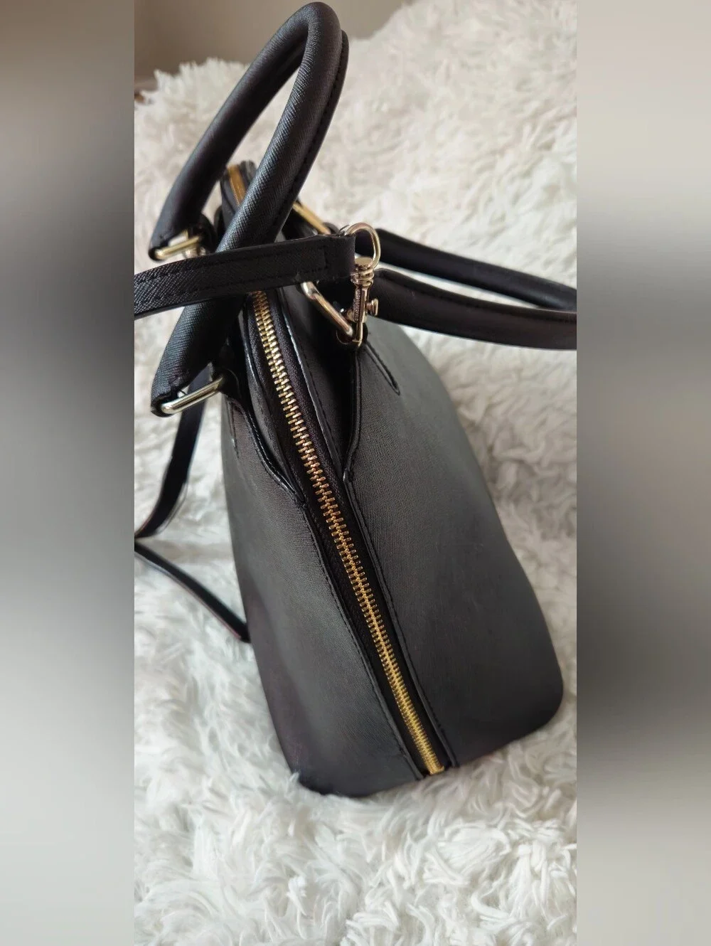 Karl Lagerfeld Black Saffiano Leather Dome Satchel Bag w/Crossbody Strap